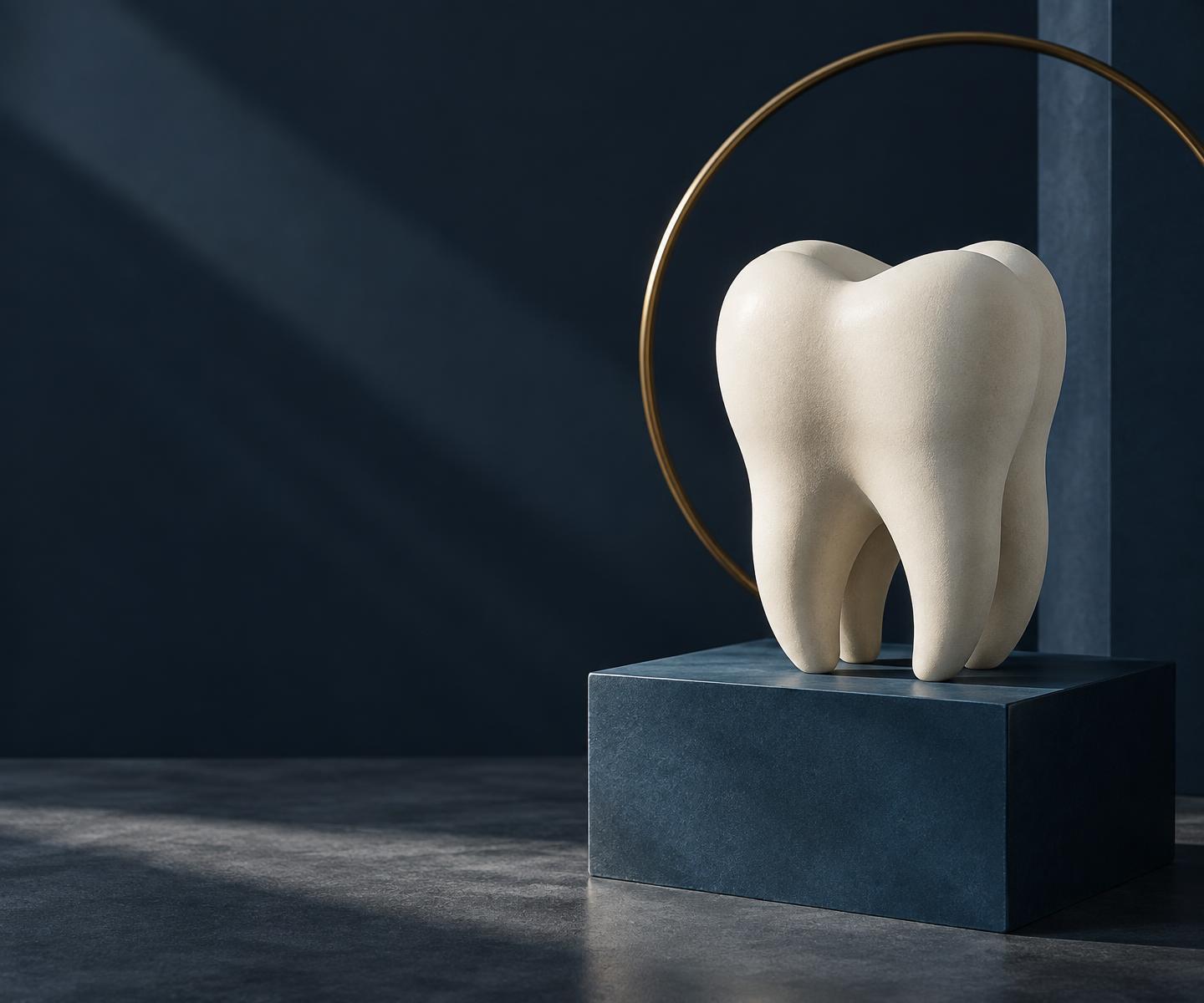 Sculptural tooth form against a navy backdrop